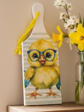 Wooden Quirky Chick with Glasses Cutting Board Sign Decor, Spring Kitchen Decor